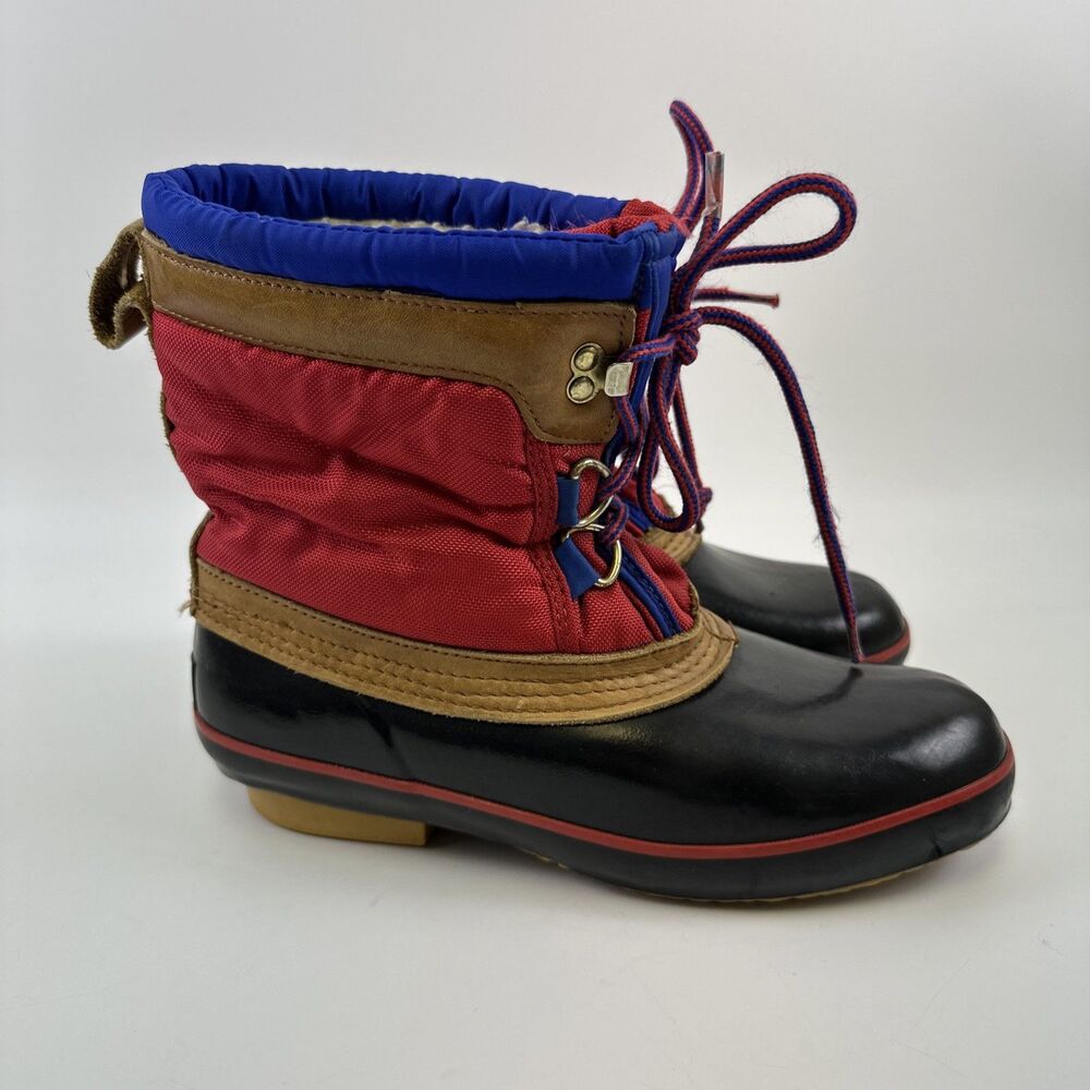 Lands End Vintage Winter Duck Boots Red Blue Lace Up Wool Lined Leather Womens 9